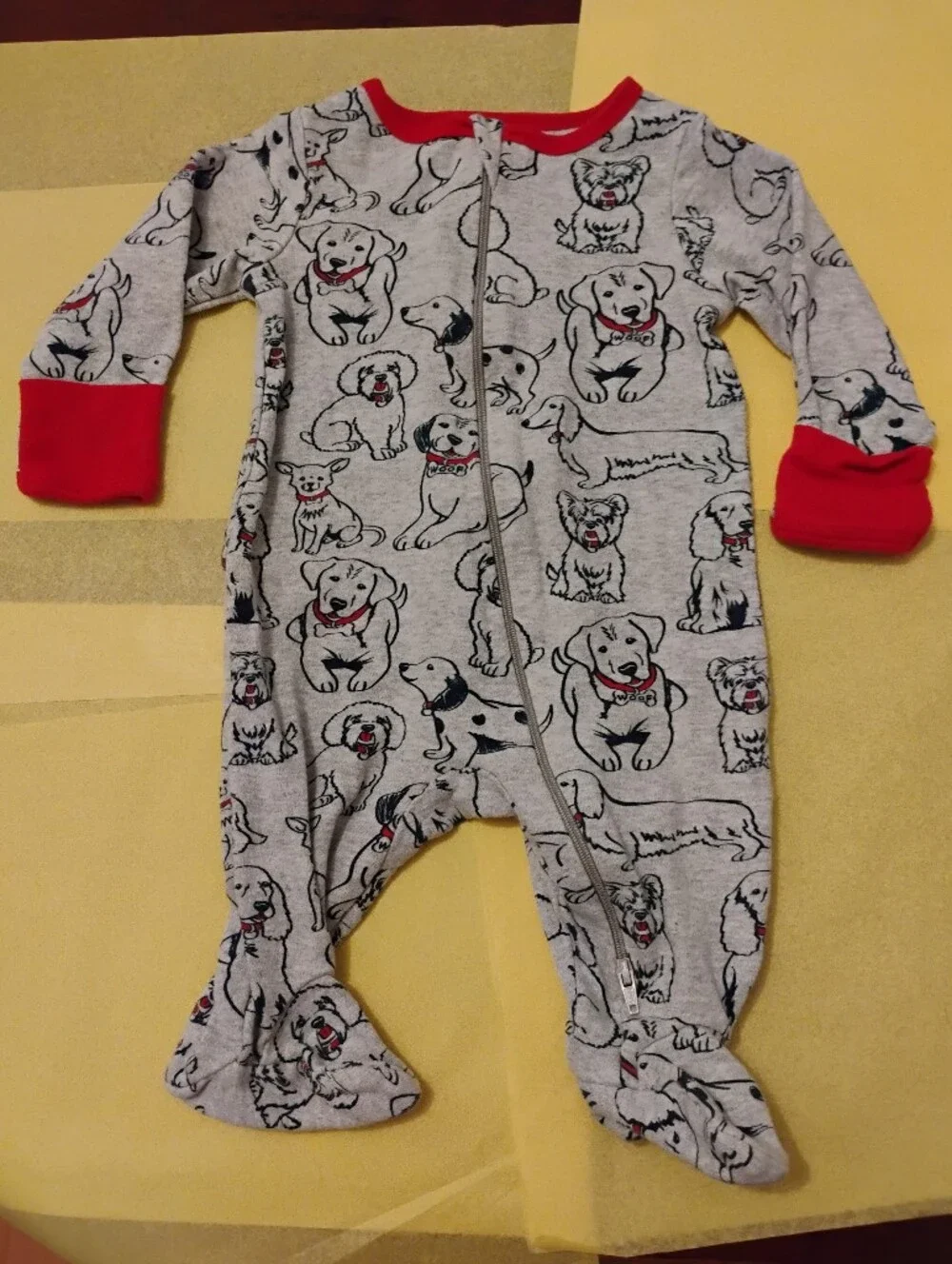 Two 0-3m Baby Sleepers, Gerber Gray And White Stripe, Dogs With Red Accents